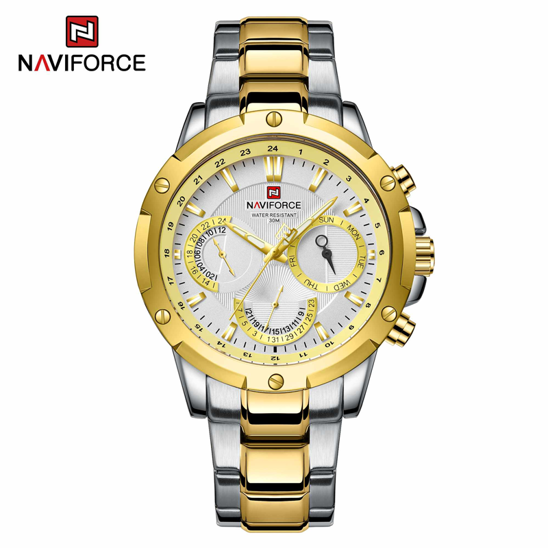 NAVIFORCE NF9196 Stainless Steel Quartz Wristwatch Creative Fashion Watch (Gold & White)